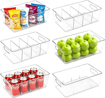 Pantry Organizers and Storage, Food Storage Containers with 3 Removable Divider for Kitchen, Fridge, Cabinet Organization, Clear Plastic Storage Bins for Snacks, Spice Packets, Packets, Pouches