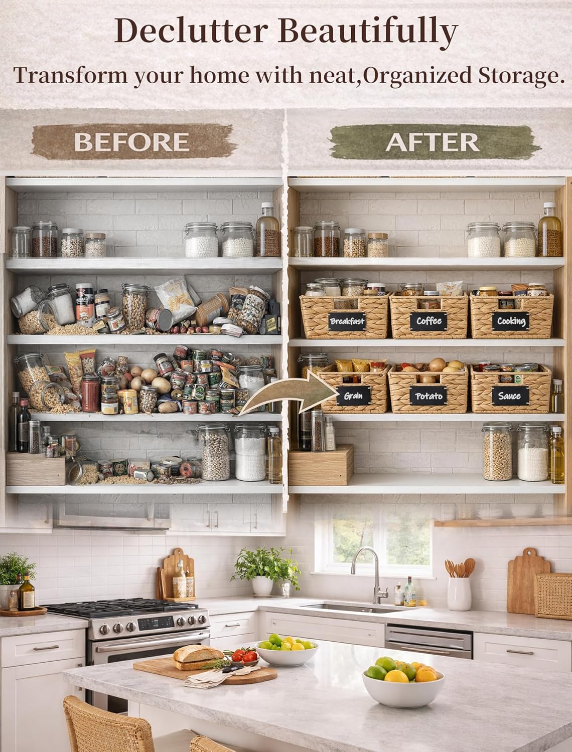 Pantry Organizers and Storage, Water Hyacinth Storage Baskets for Shelves, Natural Baskets for Organizing, Pantry Baskets with Chalkboard Labels and Marker