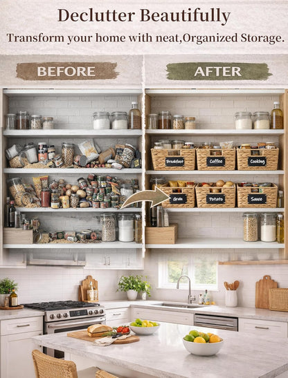Pantry Organizers and Storage, Water Hyacinth Storage Baskets for Shelves, Natural Baskets for Organizing, Pantry Baskets with Chalkboard Labels and Marker