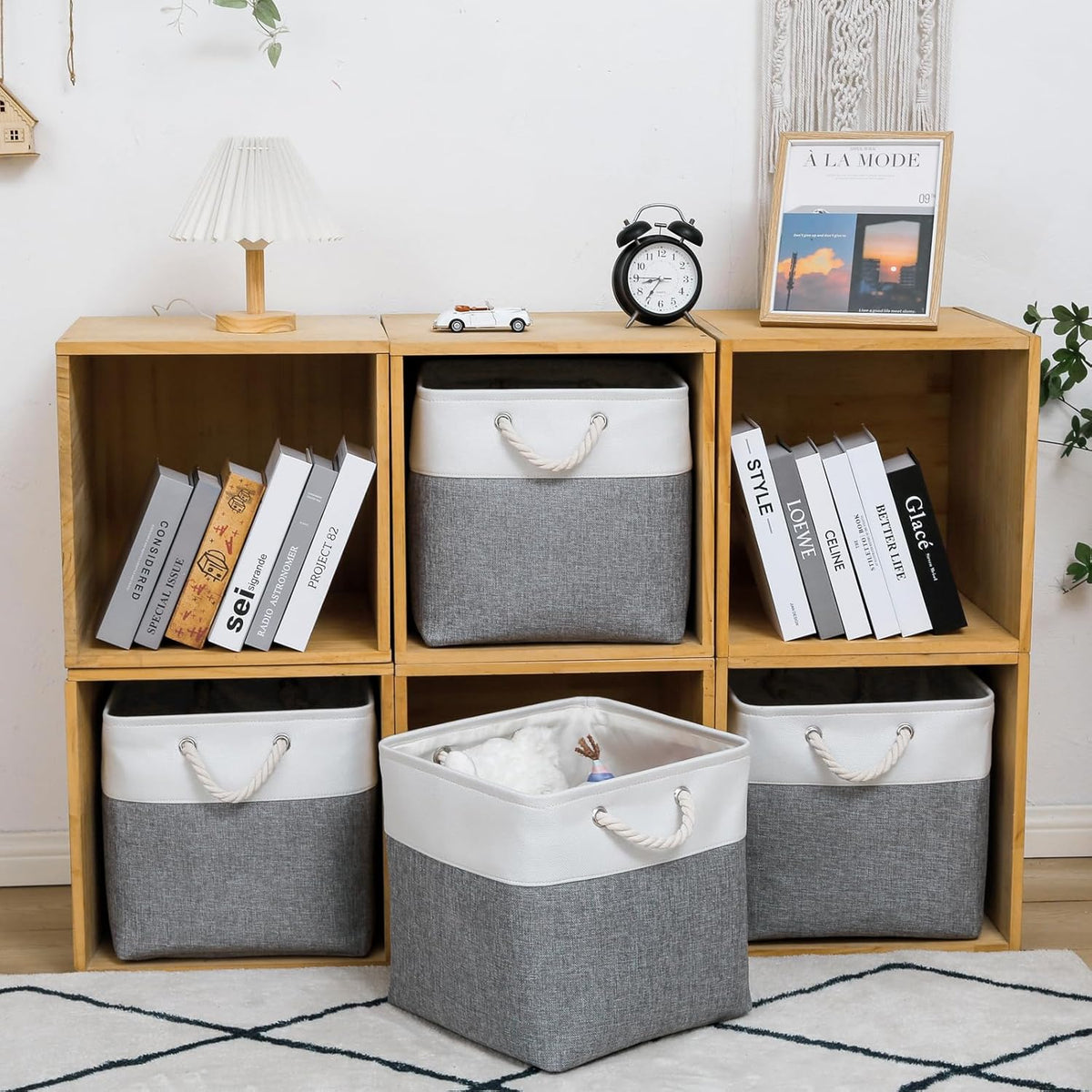 MidmmVick 13 x 13 Inch Cube Storage Bins, 6 Pack Extra Large Collapsible Fabric Storage Bin with Ropes, Foldable Storage Cubes for Home (White & Beige-13"x13"x13")