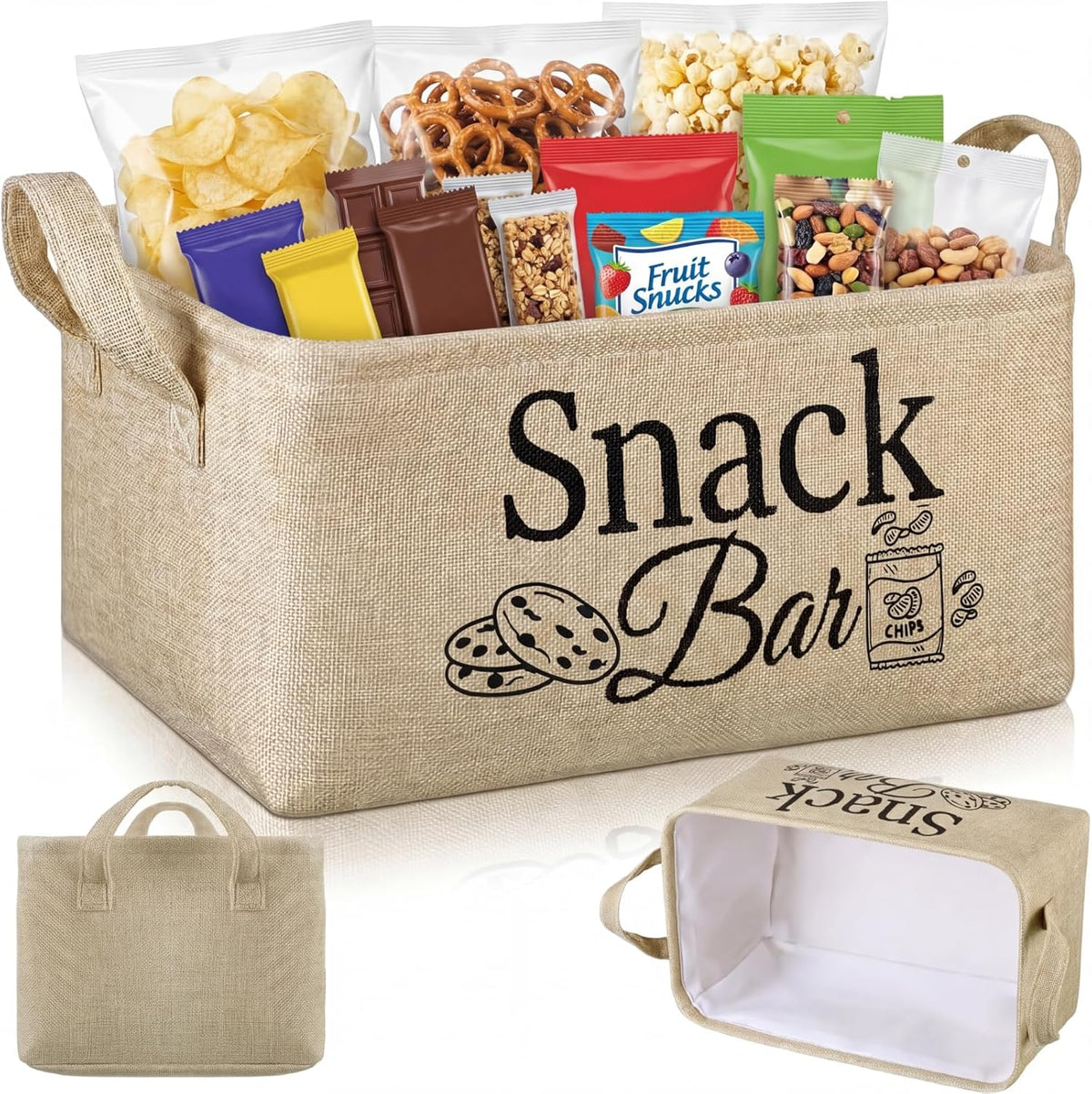 Snack Bar Organizer Basket, Burlap Fabric Snack Storage Holder with Waterproof Lining & Handles, Collapsible Bar Station Organizer Bin for Kitchen Pantry Cabinet Home Movie Night Party