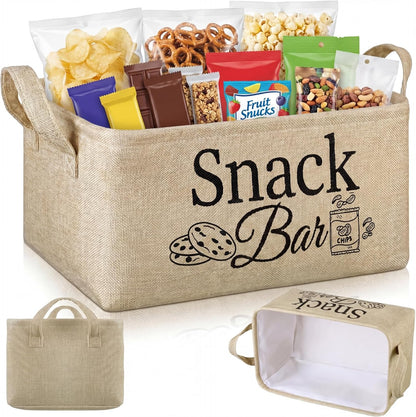 Snack Bar Organizer Basket, Burlap Fabric Snack Storage Holder with Waterproof Lining & Handles, Collapsible Bar Station Organizer Bin for Kitchen Pantry Cabinet Home Movie Night Party