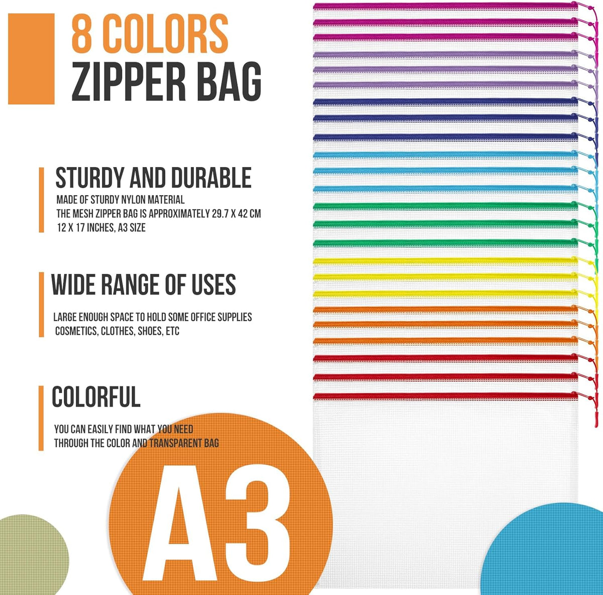 YOPCDJ 24pcs Mesh Zipper Pouch File Bags Puzzle Storage Bags, A3 17x12 Inches Large Reusable Zipper Pouches for Organizing Classroom Board Game Organization