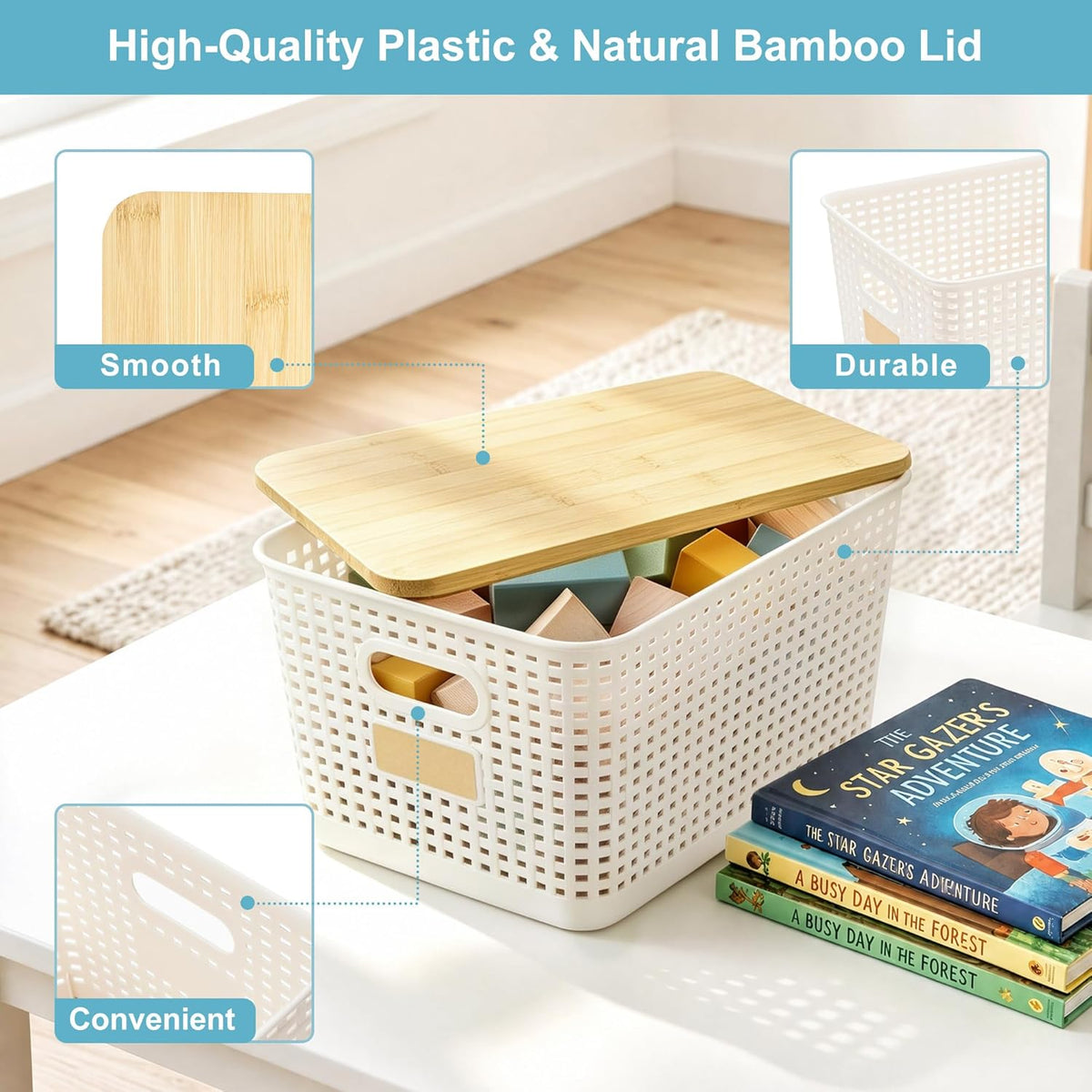 Bagnizer Small Plastic Storage Bins with Bamboo Lids 5.2qt Stackable Box Basket Pantry Decorative Containers Cute with Labels for Organizing Desktop Closet Office Cream White of 10*7.2*4.1"