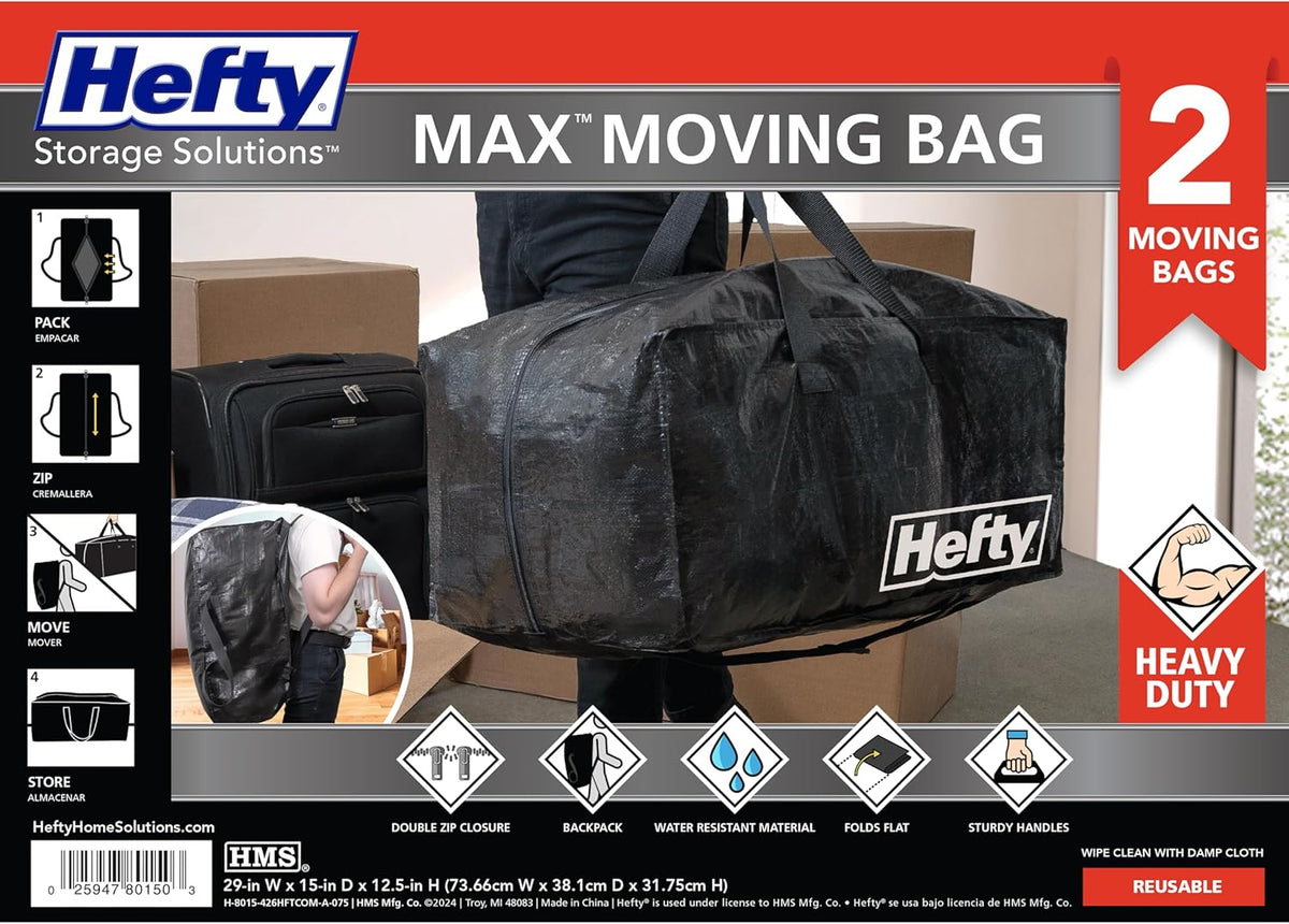 Hefty Storage Bags Extra Large Double Zipper Backpack, Heavy Duty Water Resistant Moving Totes with Shoulder Straps, Foldable Reusable Packing Organizers, 2 Pack (X-Large Black)
