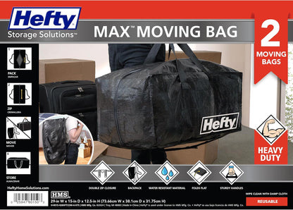 Hefty Storage Bags Extra Large Double Zipper Backpack, Heavy Duty Water Resistant Moving Totes with Shoulder Straps, Foldable Reusable Packing Organizers, 2 Pack (X-Large Black)