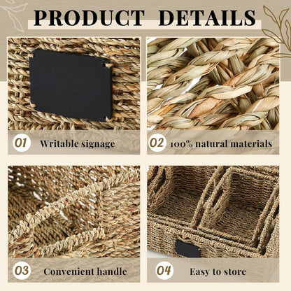 Wonderjune 4 Pcs Water Hyacinth Storage Basket Set Boho Wicker Rattan Pantry Basket with Chalkboard Label Handles Woven Container Kitchen Laundry Large Small for Shelves Food Home Bathroom Decor