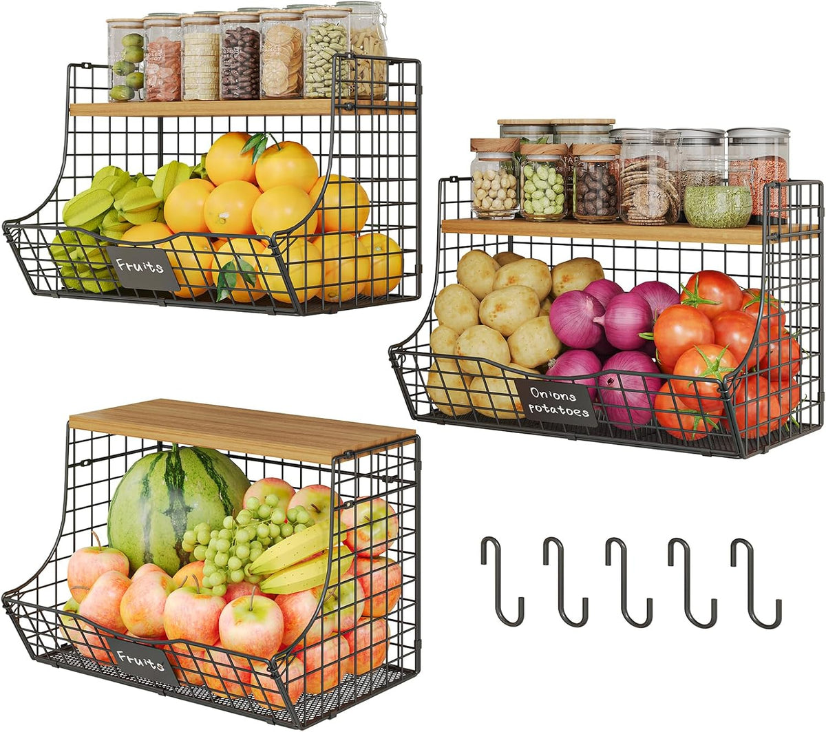 2 Set Stackable Wire Basket with Wooden Tops & Pad for kitchen organizers and storage, XXL Kitchen Counter Organizer for Fruit, Vegetable, Bread, Potato and Onion Storage Bin