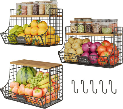 2 Set Stackable Wire Basket with Wooden Tops & Pad for kitchen organizers and storage, XXL Kitchen Counter Organizer for Fruit, Vegetable, Bread, Potato and Onion Storage Bin