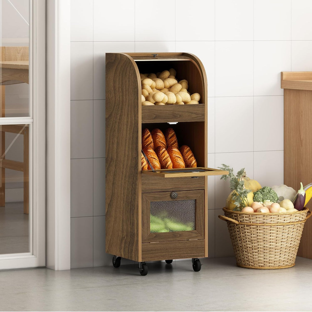 Movable Potato and Onion Storage Box with Wheels,Wooden Vegetable Storage Box,Food Storage Room with Grocery Area,Sliding Design,Modern Farmhouse Style，Suitable for Kitchen (potato bin-Walnut-02)