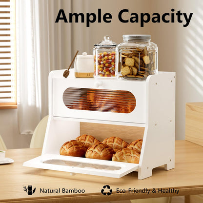 Bread Box,Extra Large 2-Tier Bamboo Bread Box for Kitchen Countertop,Bread Storage Container with Magnetic Acrylic Door for Homemade Bread,Under Cabinet,Pantry Organizer(Natural)