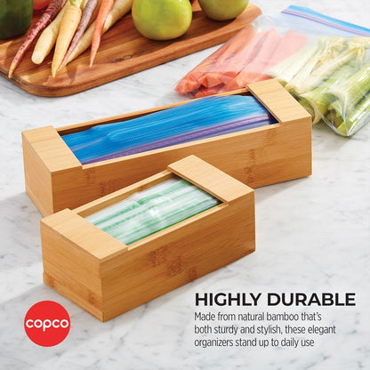 Copco In Drawer or Mounted 4 Compartment Organizer for Plastic, Foil, Wax and Parchment Paper featuring Easy Slide Tabs for Perfect Cut, With 21 Customizable Labels, Bamboo, 13.3 x 11 x 3 Inch