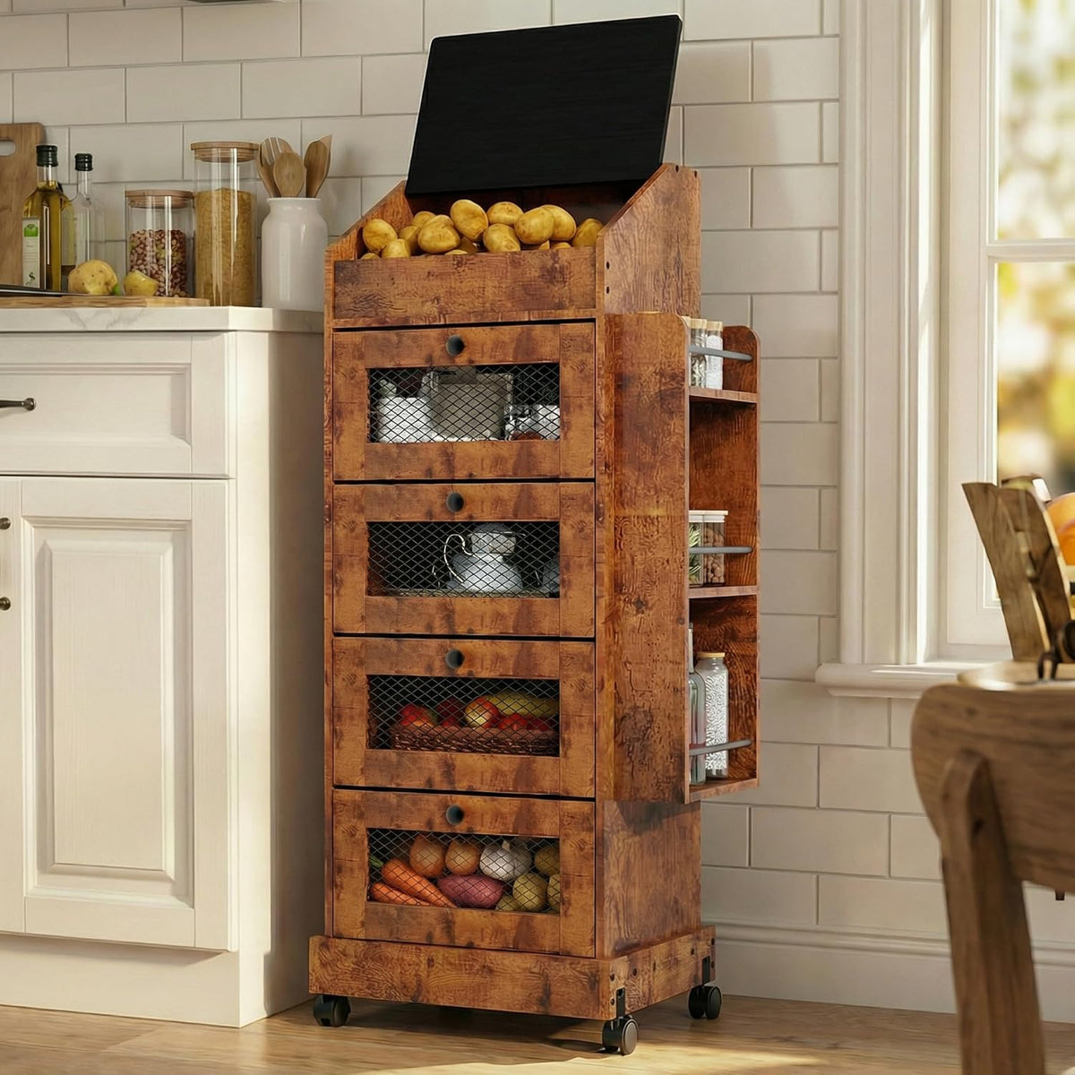ARTETHYS Potato and Onion Storage Bin for Pantry 5-Tier Rolling Fruit and Vegetable Organizer with Spice Rack on Wheels Movable Large Bread Box Cabinet with 4 Ventilated Drawers for Kitchen, Rustic