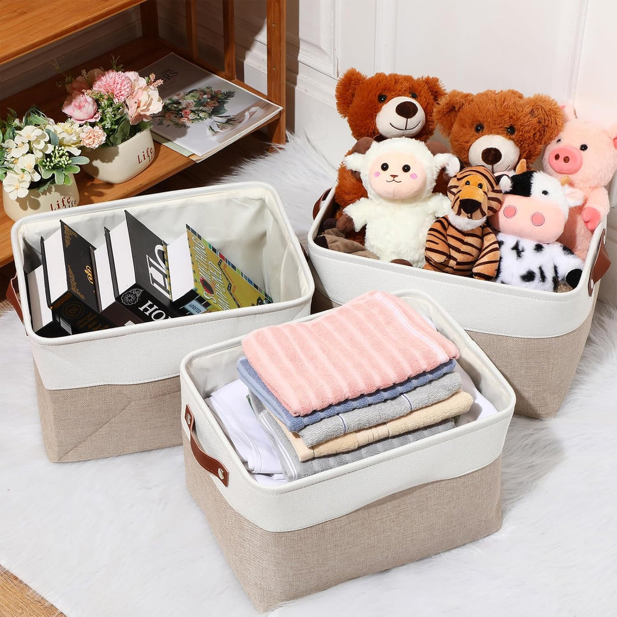 Uiifan 10 Pcs Collapsible Storage Bins Fabric Foldable Storage Basket with Handles Cloth Organizer Linen Shelf Baskets for Shelves Home Closet Nursery Toys(16 x 12 x 10 Inch,Gray and White)
