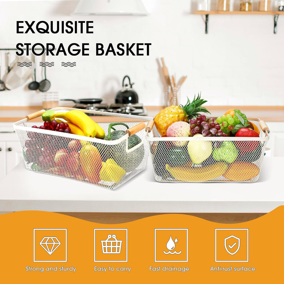 Ziliny 4 Pcs Metal Mesh Wire Baskets with Wooden Handles for Organizing, Pantry Organizers and Storage Steel Bin Kitchen Baskets for Fruit Potato Onion Snacks Bathroom Cabinet(Small,Black)