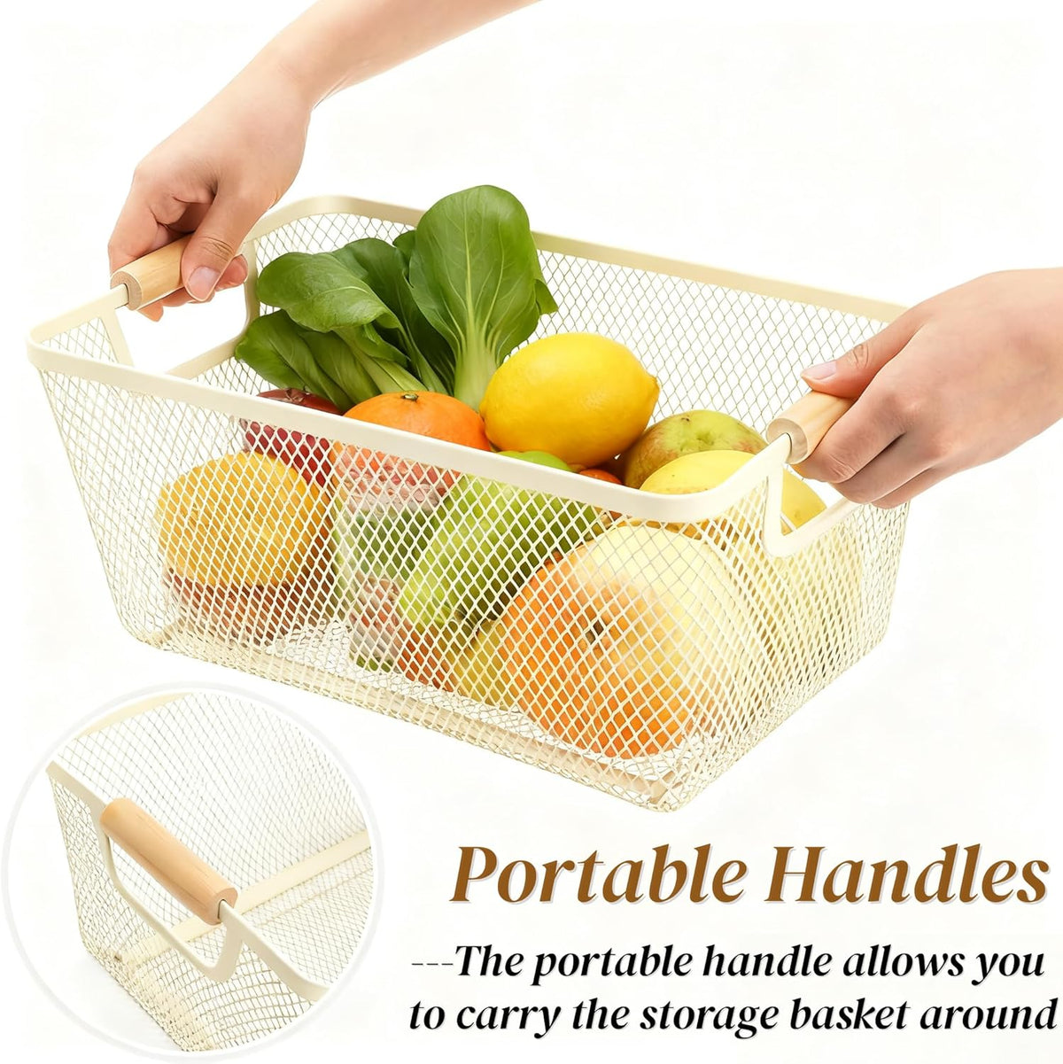Noamus 3 Pack Metal Mesh Baskets with Wood Handle, Iron Storage Organizer Basket, Cream White Wire Countertop Baskets for Organizing, Cabinet Pantry Closet Bedroom Kitchen(3 Size)
