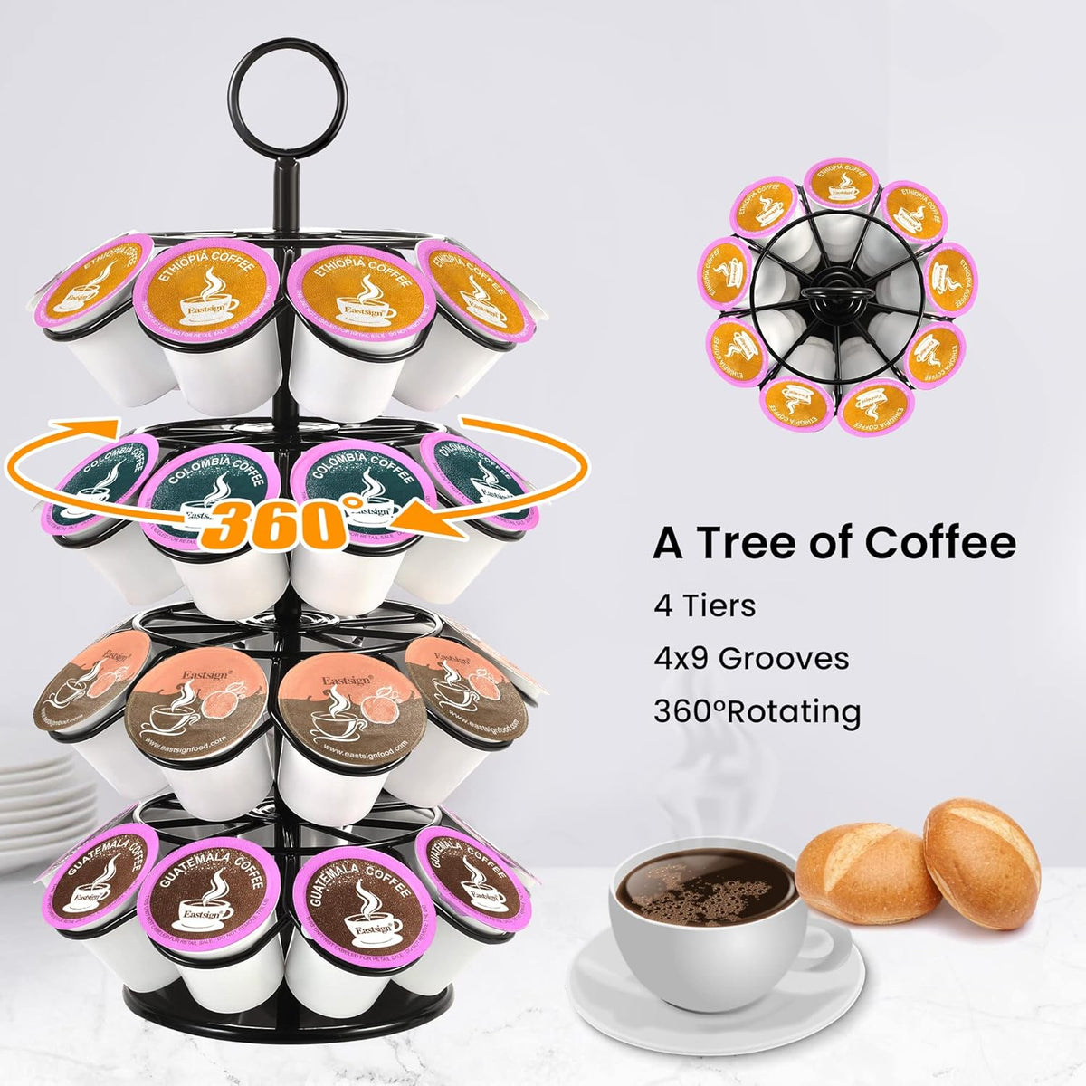 4-Tier K-Cup Holder Compatible with 36 K-Cups, Coffee Pod Carousel, Coffee Pod Storage Stand Detachable Organizer for Countertop, Spins 360-Degrees