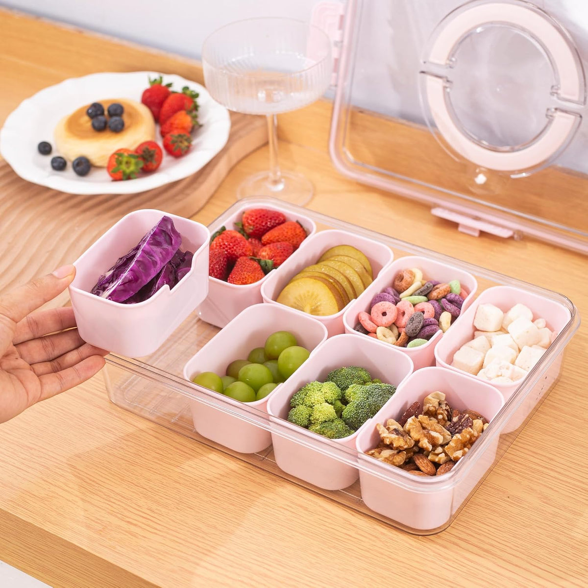 WACOI Divided Snack Serving Tray with Lid and Handle travel Snackle Box Charcuterie Container Portable Storage Organizer for Candy, Fruits, Nuts, Snacks 1Pack White