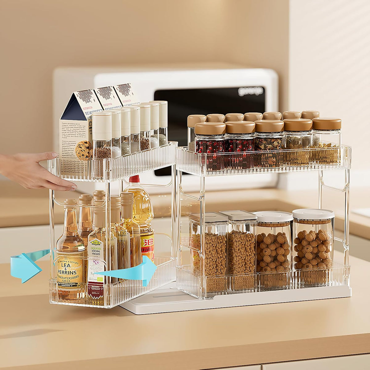 Mustorn 2 Pack Pull Out Spice Rack Organizer for Cabinet, 2 Tier Metal Slide Out Seasoning Organizer and Storage Heavy Duty Vertical Spice Rack Shelf Pullout for Kitchen Cabinets No Drilling (Black)