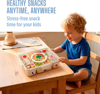 Travel Snack Container for Kids – Snackle Box with 8 Removable Compartments, Utensils and Recipe QR – Snack Box for Road Trips, Beach, Picnic and School Lunch