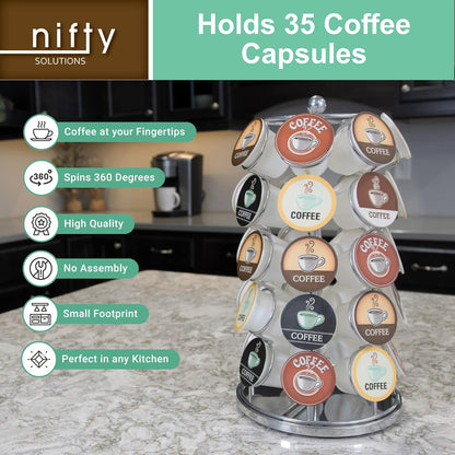 Nifty K Cup Holder – Compatible with K-Cups, Coffee Pod Carousel | 35 K Cup Holder, Spins 360-Degrees, Lazy Susan Platform, Modern Black Design, Home or Office Kitchen Counter Organizer