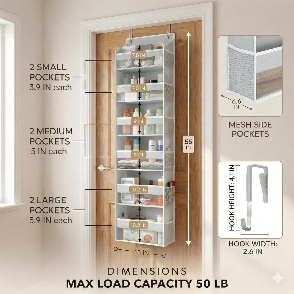 HOMELUX THEORY UPGRADED 6 Tiers Over The Door Organizer Hanging - 100D EXTRA THICK & 50lbs HUGE CAPACITY, 12 Side Mesh Pockets Over The Door Shoe Organizer, Hanging Closet Organizer (Ivory, 1pc)