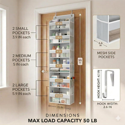 HOMELUX THEORY UPGRADED 6 Tiers Over The Door Organizer Hanging - 100D EXTRA THICK & 50lbs HUGE CAPACITY, 12 Side Mesh Pockets Over The Door Shoe Organizer, Hanging Closet Organizer (Ivory, 1pc)