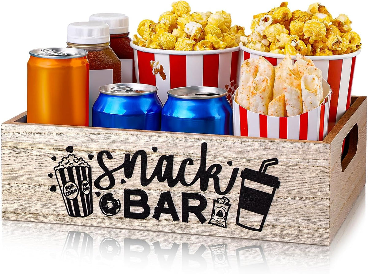 Movie Night Supplies Snack Trays with Handles Reusable Wooden Movie Gift Basket for Theater Popcorn Bucket Bowl Box Container Family Room Decor(Classic Style)