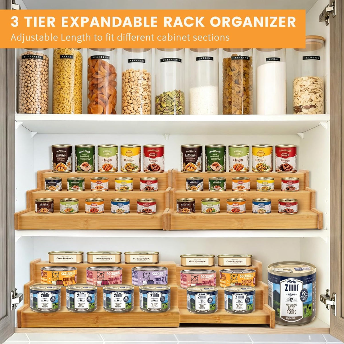 Expandable Bamboo Can Rack Organizer, 3 Tier Canned Food Storage Holder for Pantry, Adjustable Pantry Soda Can Organizer Shelf for Kitchen Spice, Countertop, Cat Food, Cabinet Storage Hold for 24 Cans