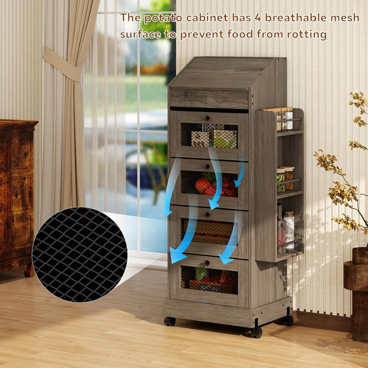 ARTETHYS Potato and Onion Storage Bin for Pantry 5-Tier Rolling Fruit and Vegetable Organizer with Spice Rack on Wheels Movable Large Bread Box Cabinet with 4 Ventilated Drawers for Kitchen, Rustic