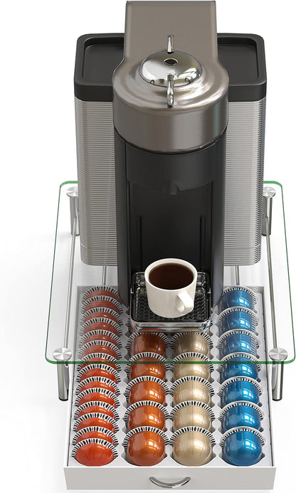 DecoBrothers Crystal Tempered Glass Vertuo Pod Holder Drawer, 24 Large or 48 Small Nespresso Capsule Organizer