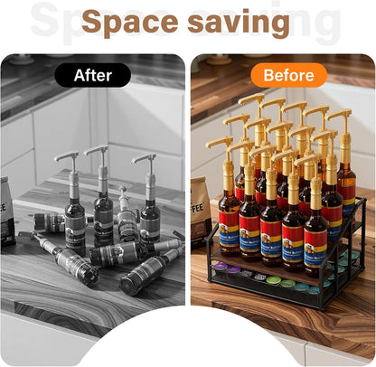 kimilus Coffee Syrup Rack Organizer, 4-Tier 12 Bottle Syrup Rack with 35 K Cup Drawer for Coffee Bar, Countertop Bottle Holder Stand for Dressing for Kitchen Cafe Station
