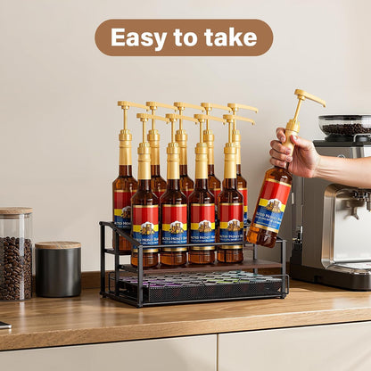 kimilus Coffee Syrup Rack Organizer, 4-Tier 12 Bottle Syrup Rack with 35 K Cup Drawer for Coffee Bar, Countertop Bottle Holder Stand for Dressing for Kitchen Cafe Station