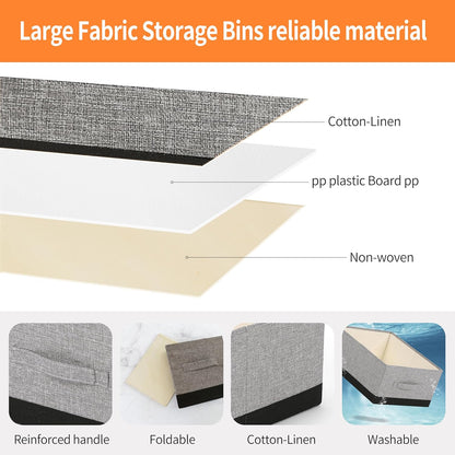 Linen Folding Storage Bins, 3 Pack Large Storage Baskets, Washable, Clothing Storage Bins with Handle, Closet Organizer for Storage Sweater,Sheets(Beige, 18½"x11 x8½)