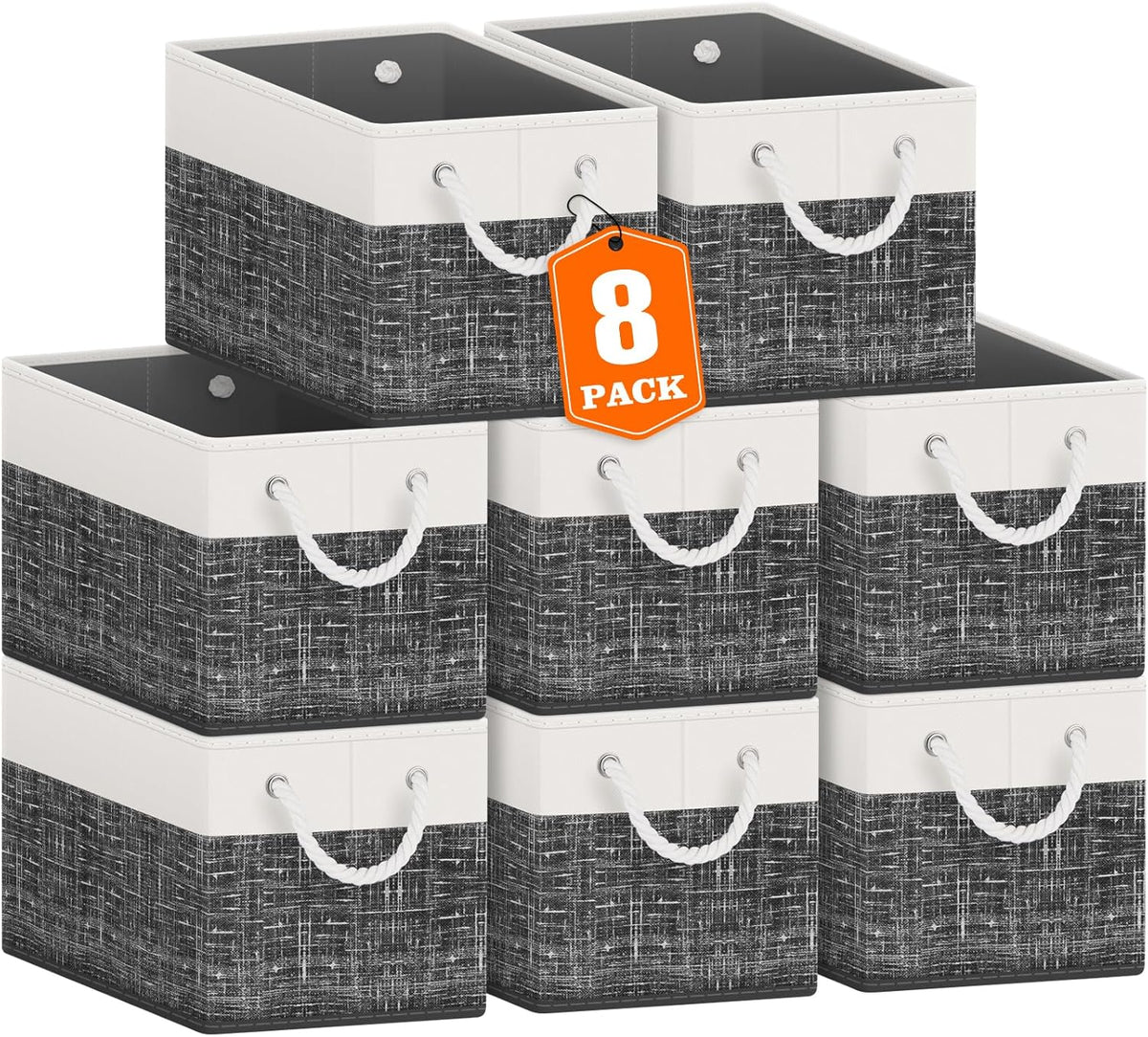 Fab totes Storage Bins, Foldable Storage Baskets for Organizing Toys, Books, Shelves, Closet, Large Storage Box with Rope Handles, Sturdy Organizer Bins, White & Grey