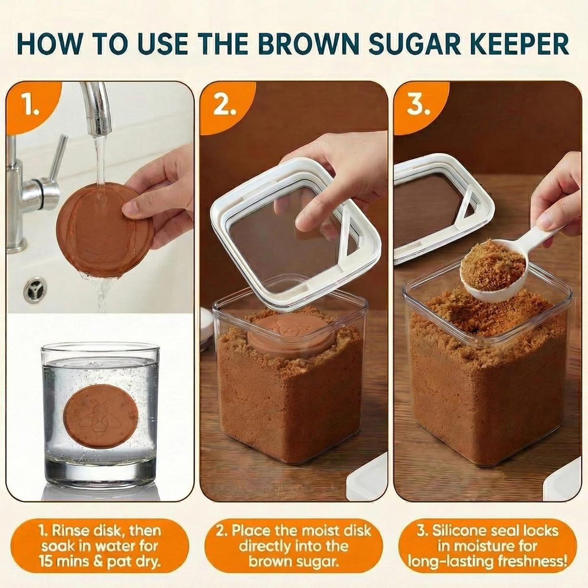 Brown Sugar Container Airtight, 2QT/1.9L Brown Sugar Keeper Storage with Spoon and Terracotta Saver, Canister for Powdered Sugar, Stackable One-Touch Opening Household Saver Organization