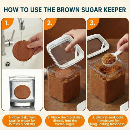 Brown Sugar Container Airtight, 2QT/1.9L Brown Sugar Keeper Storage with Spoon and Terracotta Saver, Canister for Powdered Sugar, Stackable One-Touch Opening Household Saver Organization