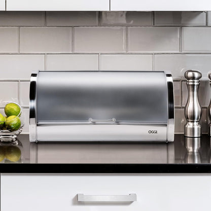 Oggi Stainless Steel Roll Top Bread Box for Kitchen Countertop with Tempered Glass Lid - Fits Multiple Large Loaves of Bread and Other Freshly Baked Goods Including Cookies, Bagels, Muffins