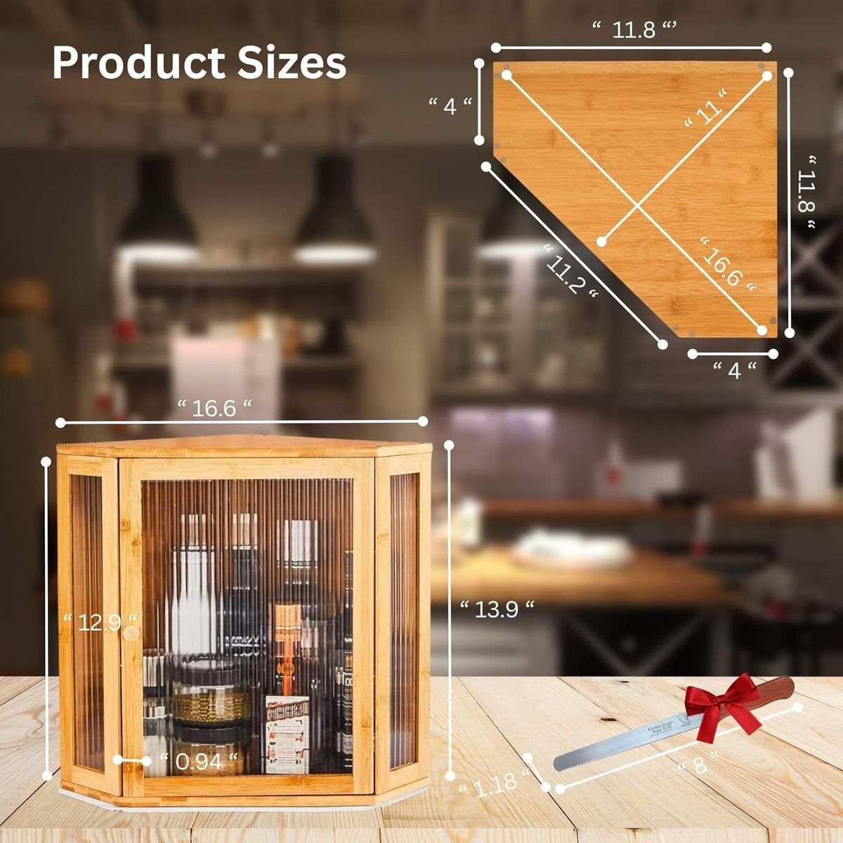 Corner Bread Box for Kitchen Countertop – 2 Tier Large Bamboo Breadbox with Acrylic Wavy Door and Adjustable Shelf | Modern Wooden Storage Bin, Black Farmhouse Kitchen Organizer (Wooden)