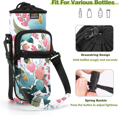 Nuovoware Water Bottle Carrier Bag,25oz/40oz/64oz Bottle Pouch Holder,Adjustable Shoulder Hand Strap 2 Pocket Sling Neoprene Sleeve Sports Accessories for Hiking Travelling Camping