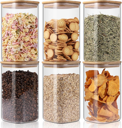 YUNCANG Glass Storage Jars 6 Pack 37oz Clear Glass Food Storage Containers with Airtight Bamboo Lid Stackable Kitchen Canisters for Candy,Cookie,Rice,Sugar,Flour,Pasta,Nuts and Spice Jars(Square)