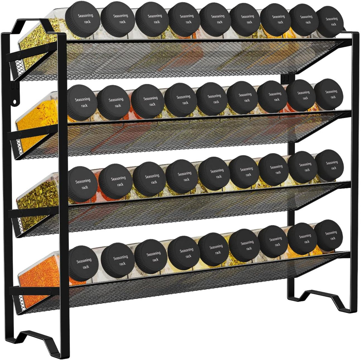 Simple Trending 4 Tier Spice Rack Organizer,Stackable Kitchen Counter Shelves,for Cabinet,Countertop,Pantry, Door or Wall Mount, Metal Mesh,Jars not Included, Black