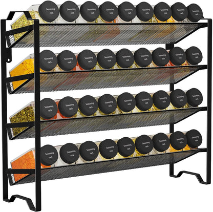 Simple Trending 4 Tier Spice Rack Organizer,Stackable Kitchen Counter Shelves,for Cabinet,Countertop,Pantry, Door or Wall Mount, Metal Mesh,Jars not Included, Black
