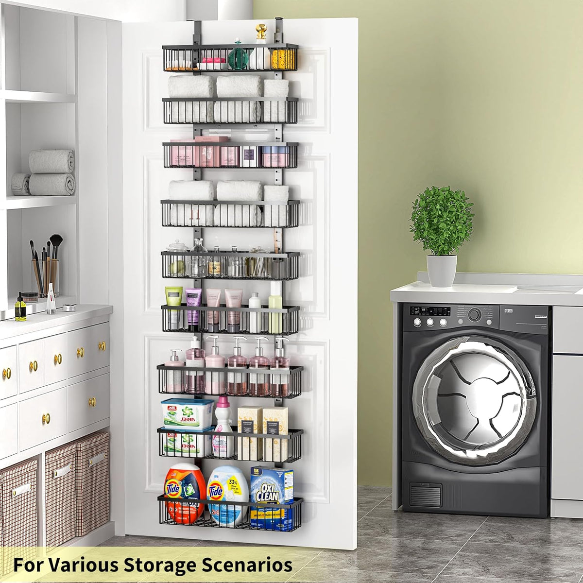Moforoco White Over The Door Pantry Organizer, Pantry Organization and Storage, Metal Hanging Spice Rack Shelves Door, Seasoning Shelves, Laundry Room Organization, House and Kitchen Essentials