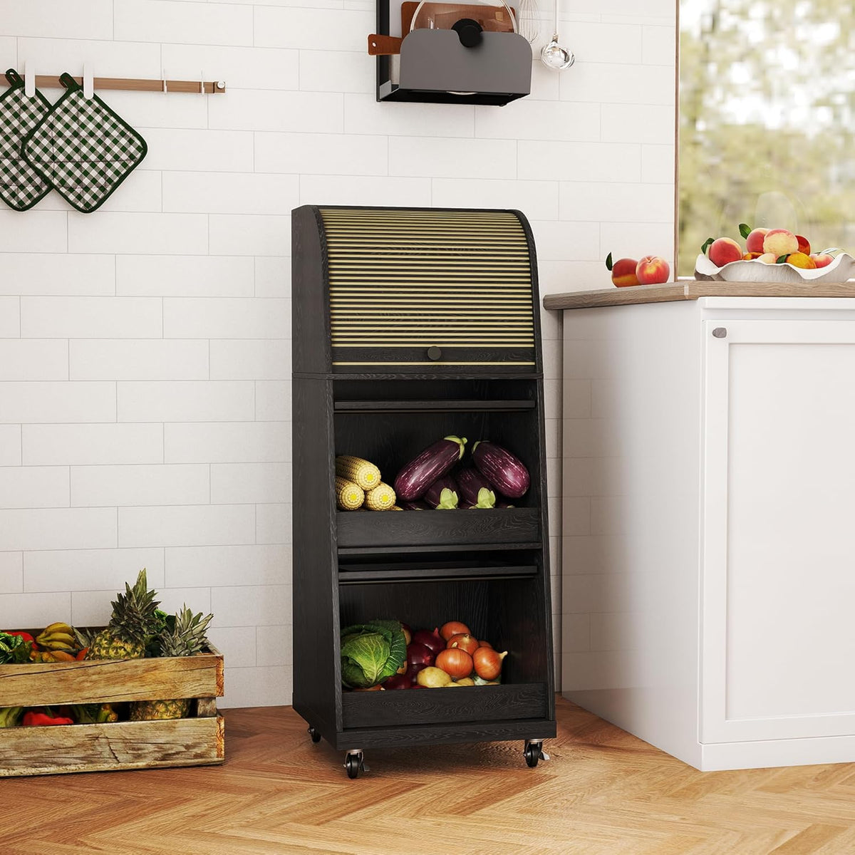 4 Tier Narrow Potato Storage Bin, Tall Wood Potato and Onion Storage Bin with Wheel, Movable Fruit and Vegetable Basket, Food Small Kitchen Pantry Cabinet, Wooden Bread Box, Walnut, Sliding Door