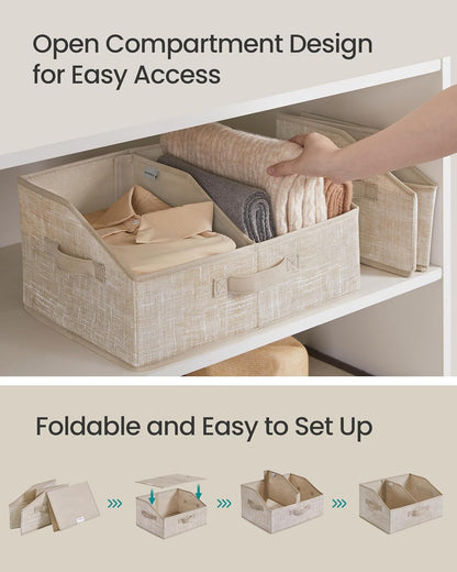 SONGMICS Set of 6 Storage Baskets, Foldable Storage Bins, Fabric Boxes, 15.7 x 11.8 x 7.9 Inches, Closet Storage Organizers, 3 Handles, for Bedroom, Living Room, Summer Sand URFB0140K01