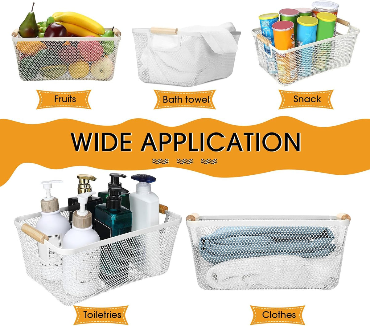 Ziliny 4 Pcs Metal Mesh Wire Baskets with Wooden Handles for Organizing, Pantry Organizers and Storage Steel Bin Kitchen Baskets for Fruit Potato Onion Snacks Bathroom Cabinet(Small,Black)