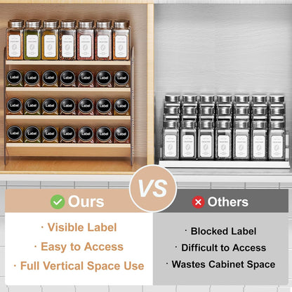 MUDEELA 4 Tier Spice Rack Organizer for Cabinet,Wooden Vertical Spice Shelf, Seasoning Organizer for Countertop, Kitchen, Pantry, Freestanding, 13.4" W × 11.2" H (No Jars Included), White