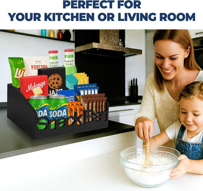 Snack Bar Organizer – Black 5 Compartment Station, Countertop Pantry Organizer for Kitchen, Office Food Holder, Candy Storage Bin, Display Stand, Cabinet Tray & Shelf