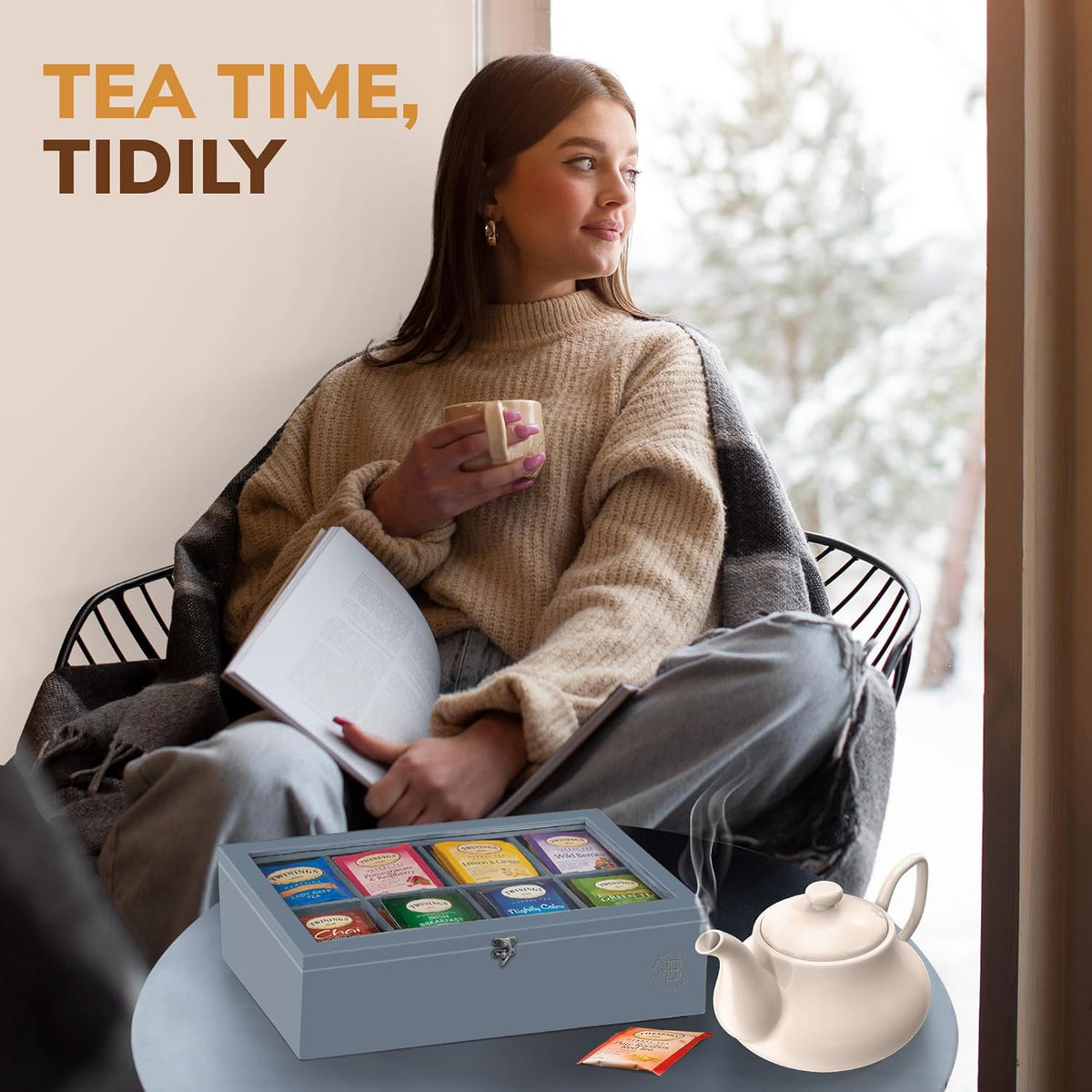 Tea Bag Organizer with Drawer - Bamboo Tea Box Organizer, 8-Compartment Tea Storage Box with Acrylic Lid and Magnetic Closure, Tea Box for Kitchen Counter, Gifts for Mom, Wife, Tea Lovers